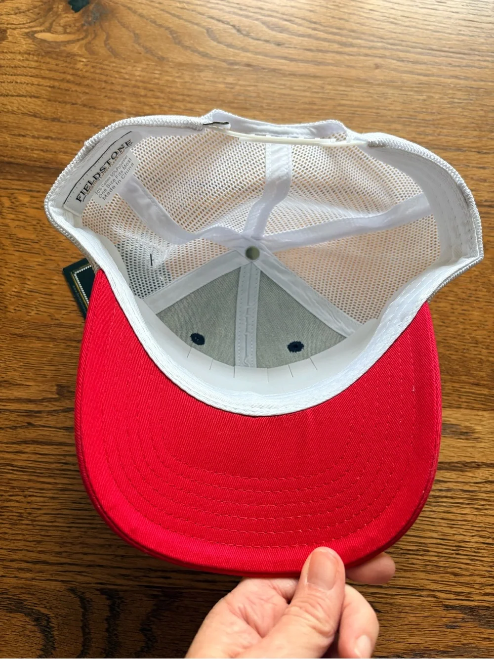 New with tags Fieldstone Mens Red & Navy Trucker Hat with Flag Patch- SnapBack